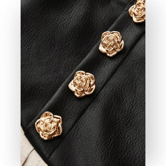 Commense LeatherPleated Mini Skirt Black Linen Gold Button S - Parisian Chic - Picture 2 of 8